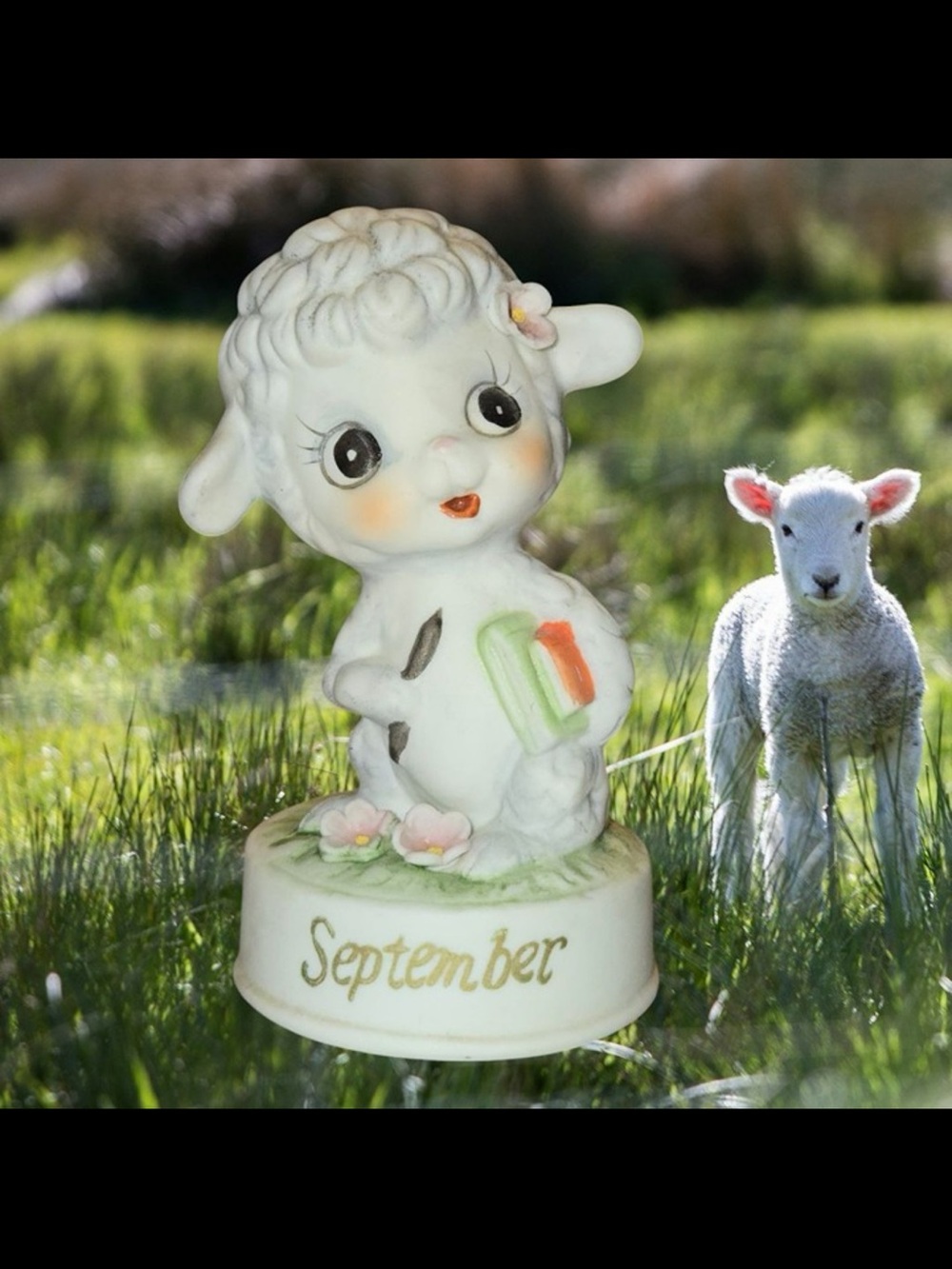 Vintage 'September' Lamb Figurine - White with Pastel Accents